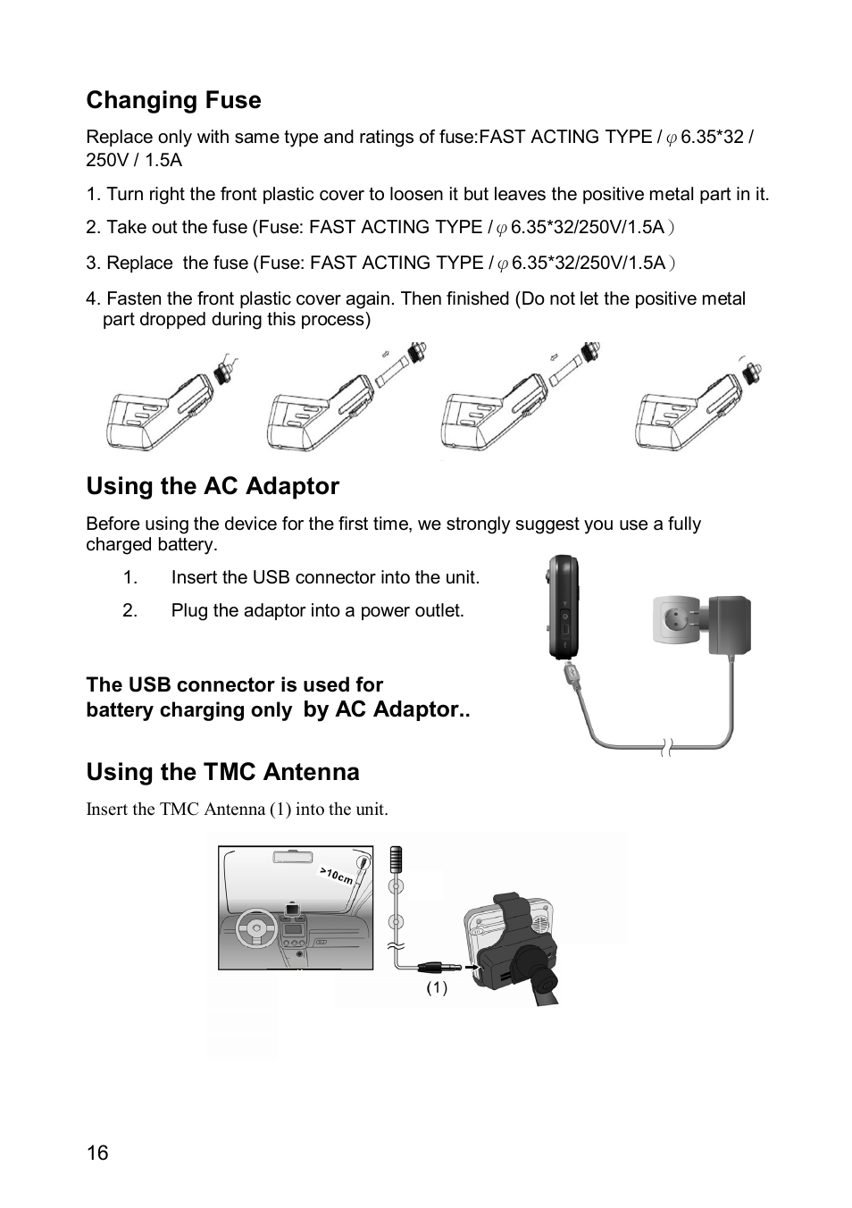 Changing fuse, Using the ac adaptor, Using the tmc antenna | JVC KV-PX501 User Manual | Page 16 / 219