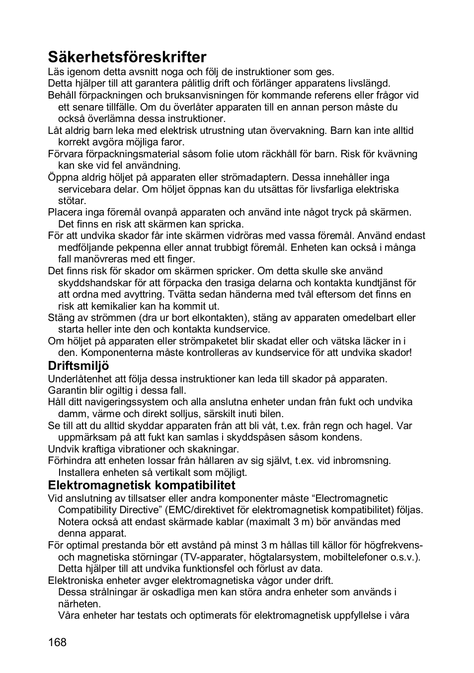 Säkerhetsföreskrifter, Driftsmiljö, Elektromagnetisk kompatibilitet | JVC KV-PX501 User Manual | Page 168 / 219