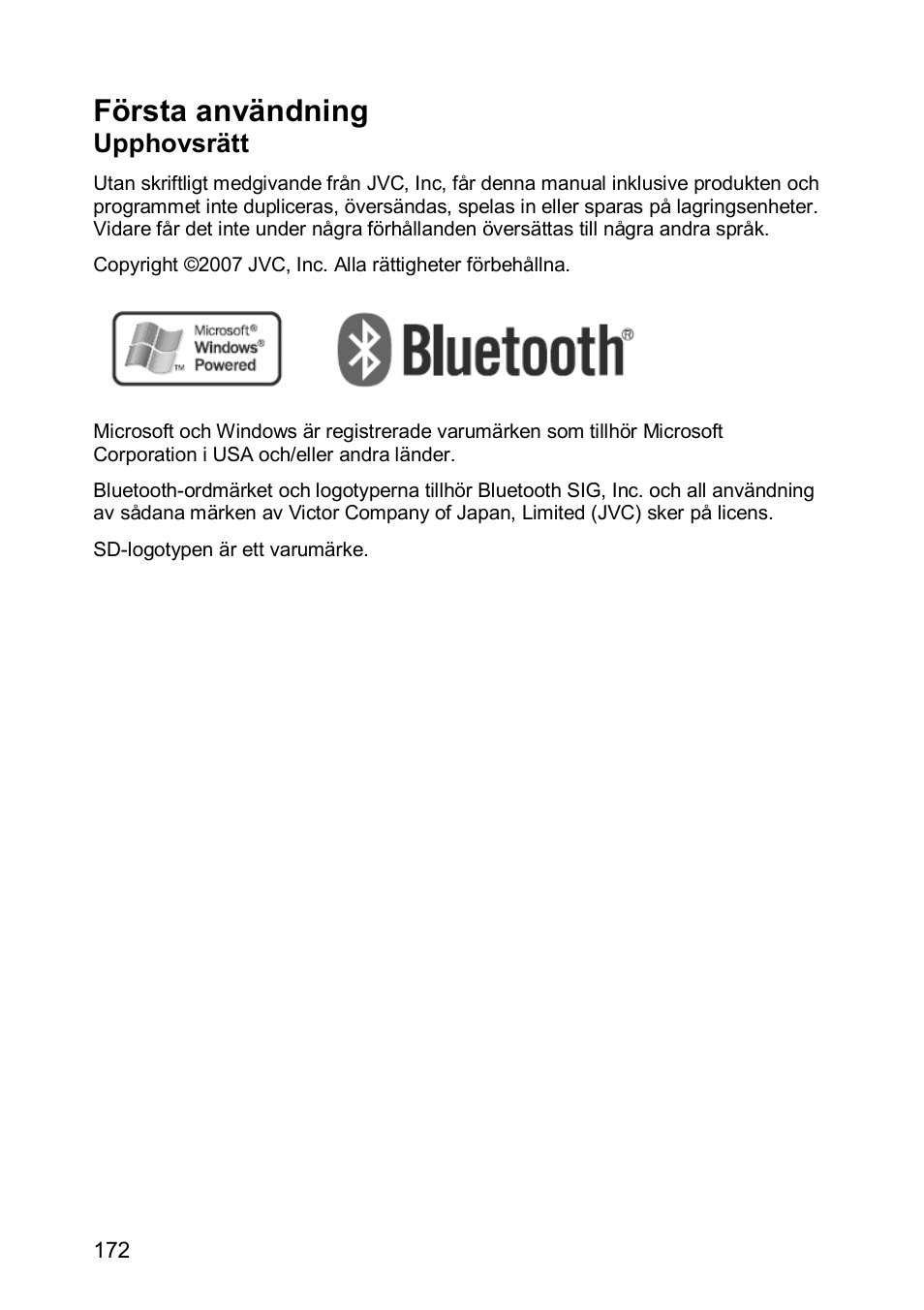 Första användning, Upphovsrätt | JVC KV-PX501 User Manual | Page 172 / 219