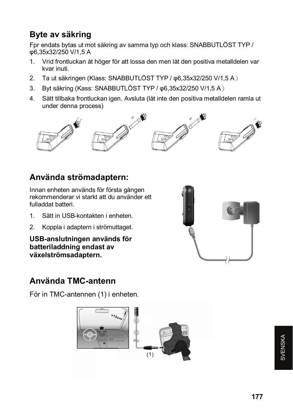 Byte av säkring, Använda strömadaptern, Använda tmc-antenn | JVC KV-PX501 User Manual | Page 177 / 219