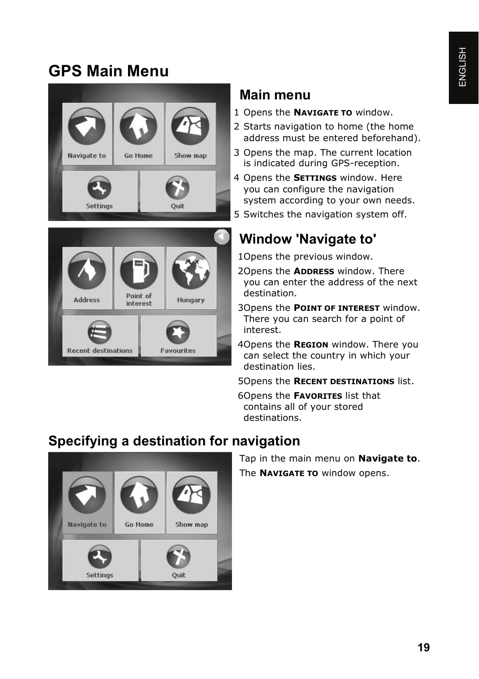 Gps main menu, Main menu, Window 'navigate to | Specifying a destination for navigation | JVC KV-PX501 User Manual | Page 19 / 219