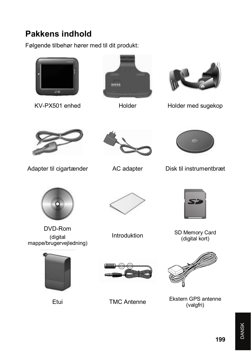 Pakkens indhold | JVC KV-PX501 User Manual | Page 199 / 219