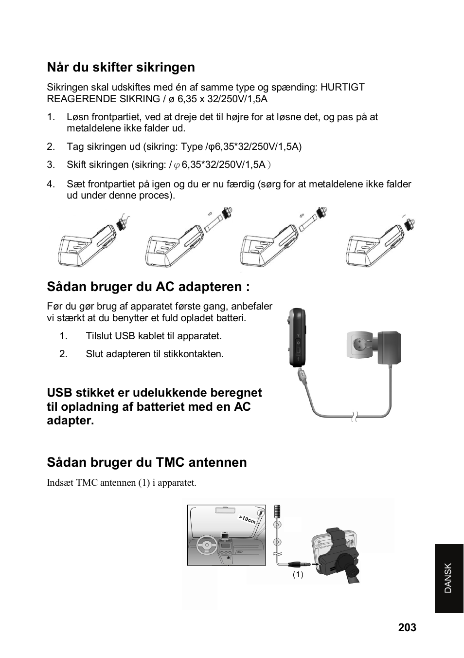 Når du skifter sikringen, Sådan bruger du ac adapteren, Sådan bruger du tmc antennen | JVC KV-PX501 User Manual | Page 203 / 219