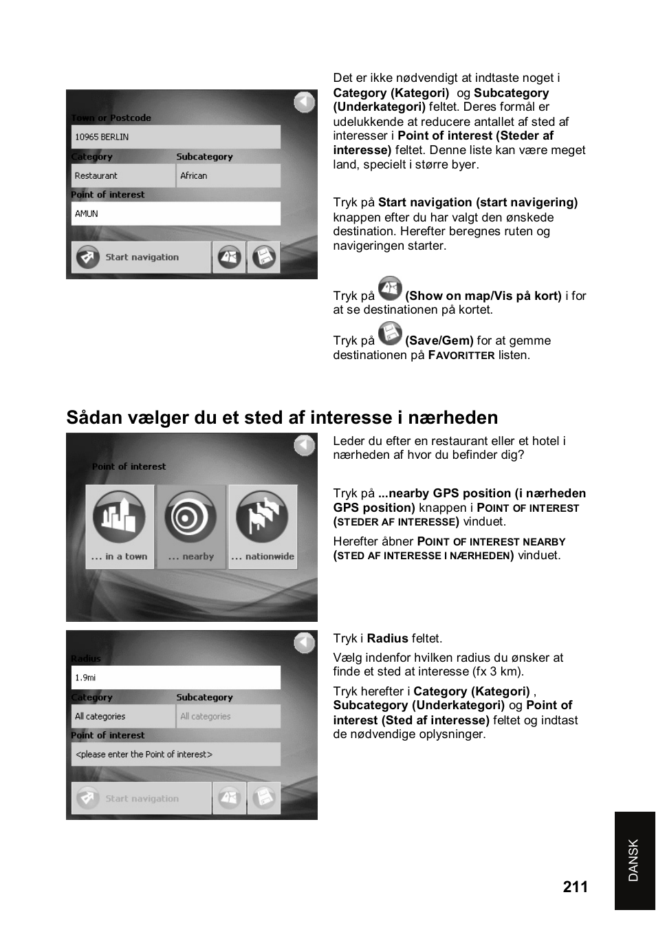 Sådan vælger du et sted af interesse i nærheden | JVC KV-PX501 User Manual | Page 211 / 219