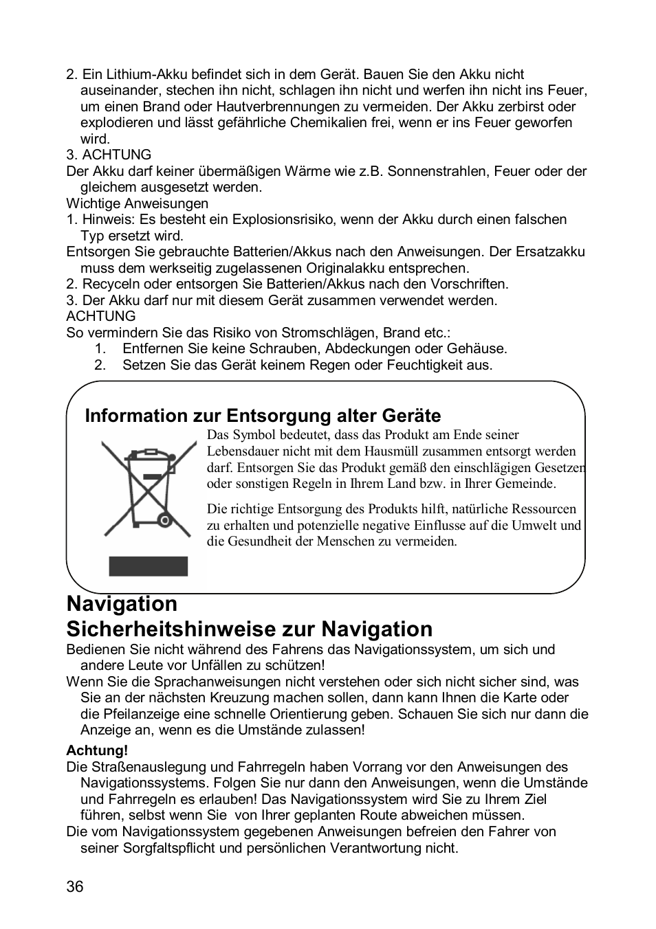 Navigation sicherheitshinweise zur navigation, Information zur entsorgung alter geräte | JVC KV-PX501 User Manual | Page 36 / 219