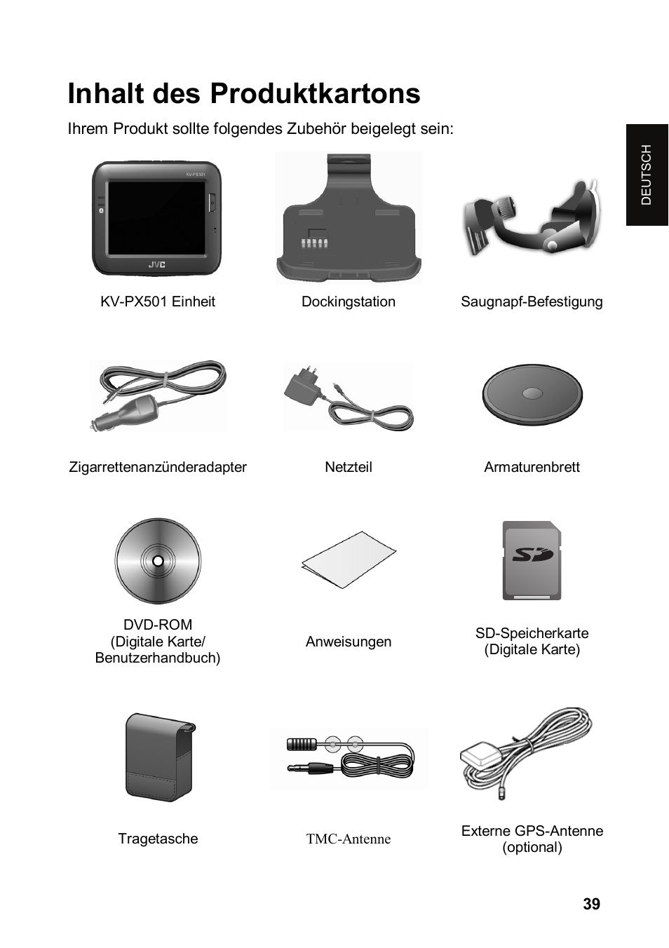 Inhalt des produktkartons | JVC KV-PX501 User Manual | Page 39 / 219