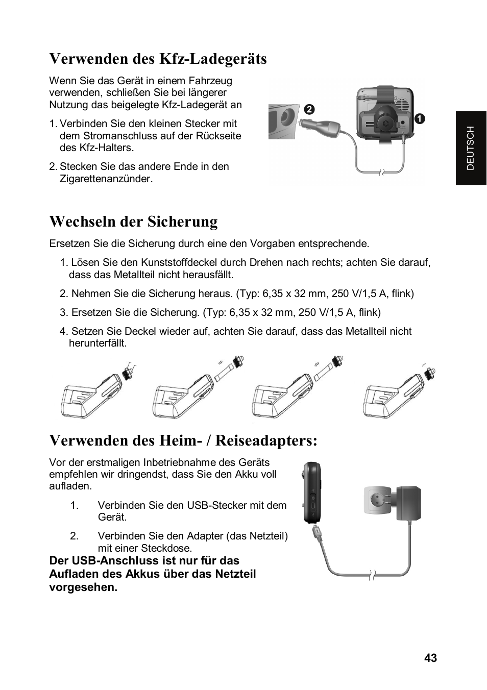 Verwenden des kfz-ladegeräts, Wechseln der sicherung, Verwenden des heim- / reiseadapters | JVC KV-PX501 User Manual | Page 43 / 219