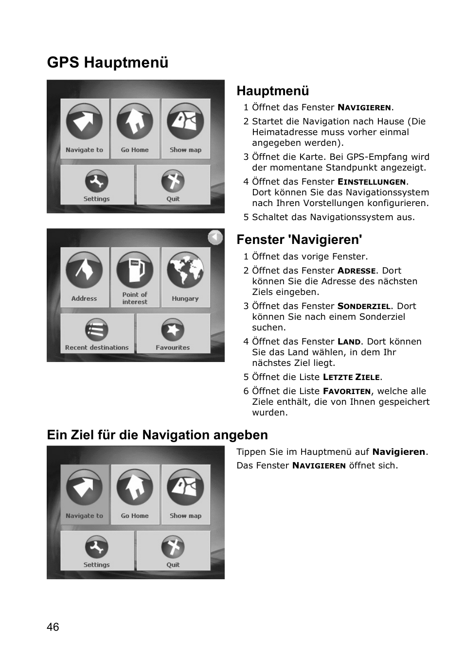 Gps hauptmenü, Hauptmenü, Fenster 'navigieren | Ein ziel für die navigation angeben | JVC KV-PX501 User Manual | Page 46 / 219