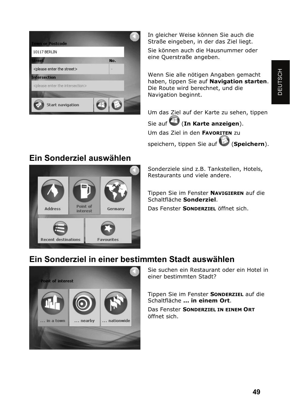 Ein sonderziel auswählen, Ein sonderziel in einer bestimmten stadt auswählen | JVC KV-PX501 User Manual | Page 49 / 219