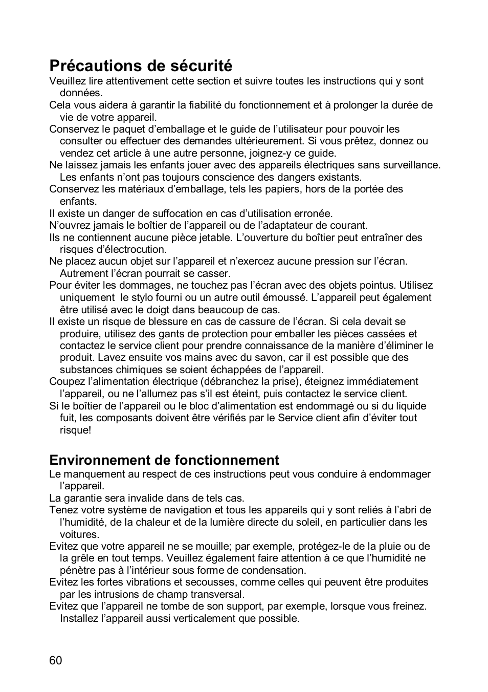 Précautions de sécurité, Environnement de fonctionnement | JVC KV-PX501 User Manual | Page 60 / 219