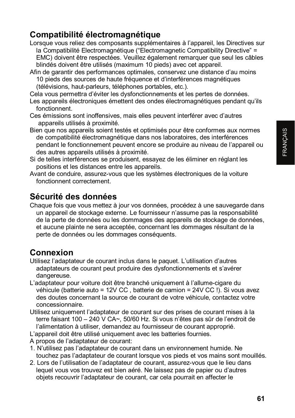 Compatibilité électromagnétique, Sécurité des données, Connexion | JVC KV-PX501 User Manual | Page 61 / 219