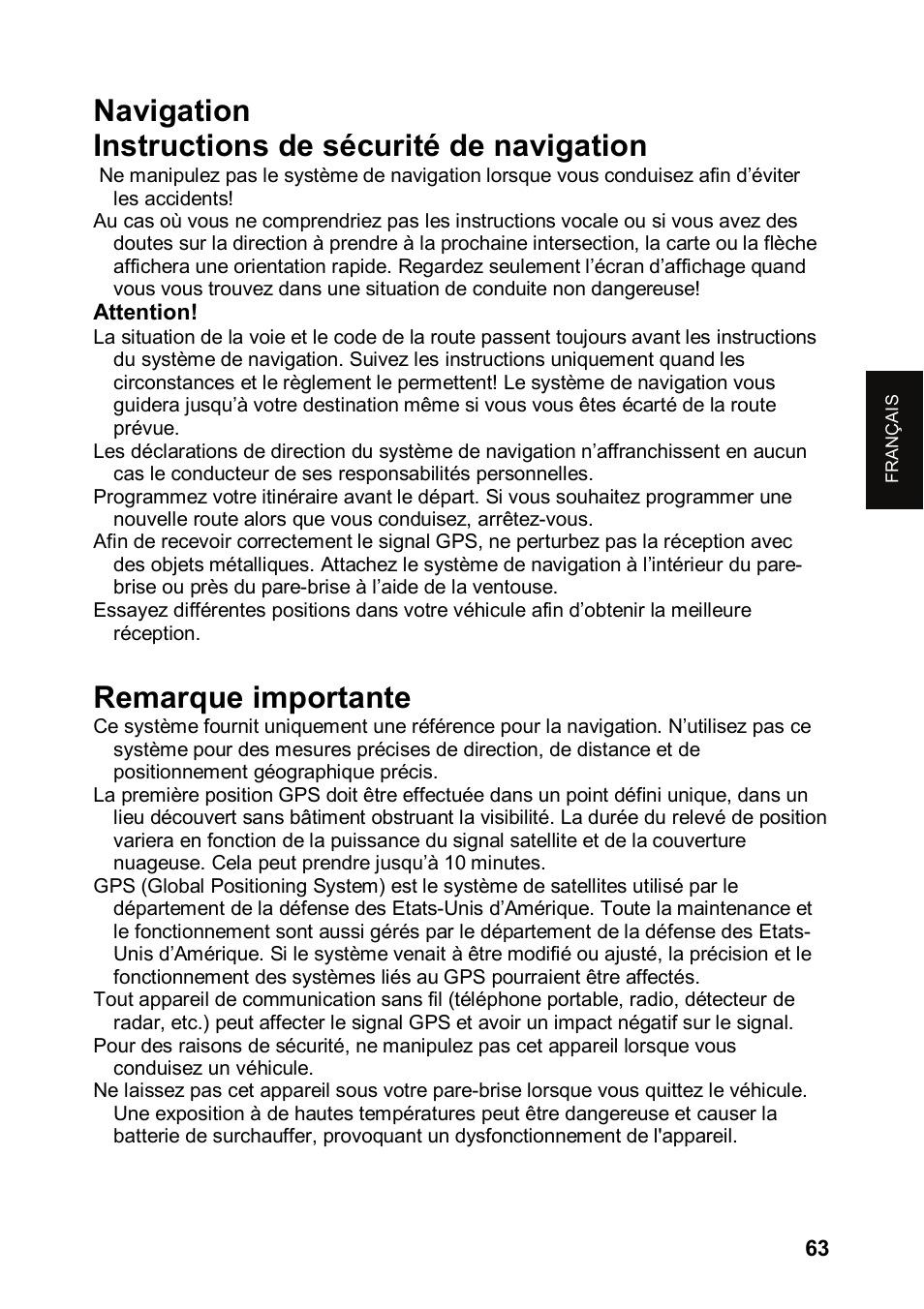 Navigation instructions de sécurité de navigation, Remarque importante | JVC KV-PX501 User Manual | Page 63 / 219