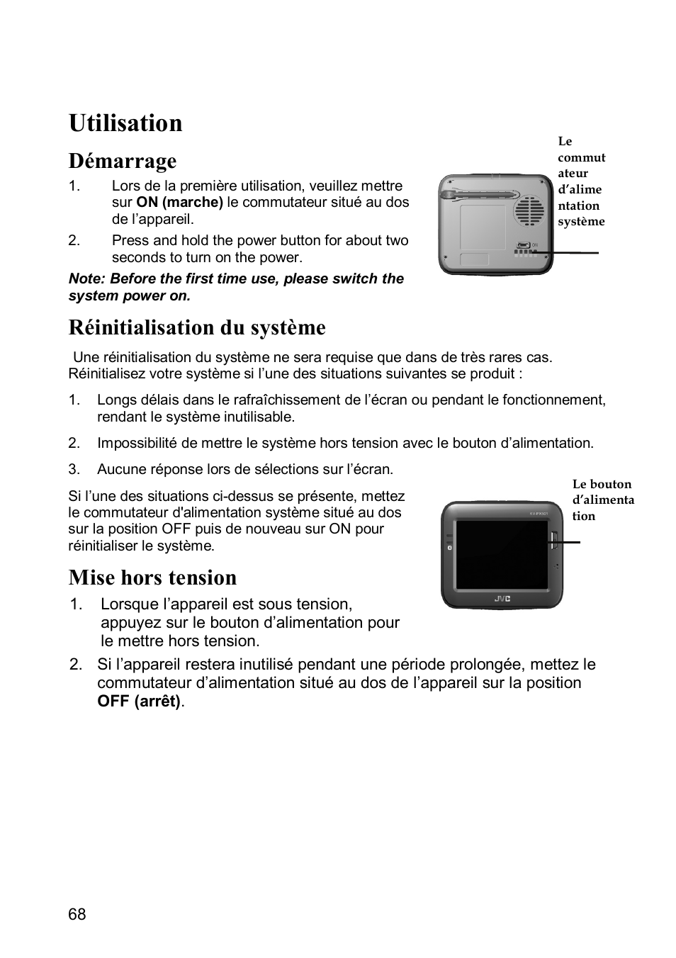 Utilisation, Démarrage, Réinitialisation du système | Mise hors tension | JVC KV-PX501 User Manual | Page 68 / 219