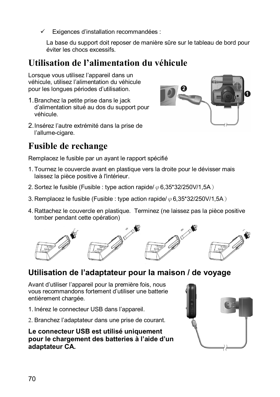 Utilisation de l’alimentation du véhicule, Fusible de rechange | JVC KV-PX501 User Manual | Page 70 / 219