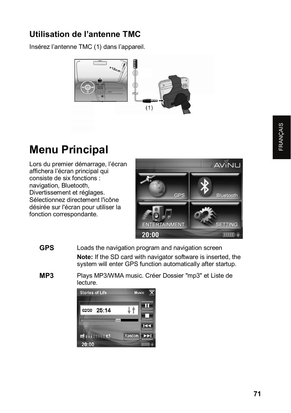 Menu principal, Utilisation de l’antenne tmc | JVC KV-PX501 User Manual | Page 71 / 219