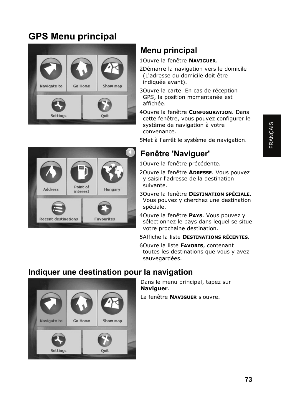 Gps menu principal, Menu principal, Fenêtre 'naviguer | Indiquer une destination pour la navigation | JVC KV-PX501 User Manual | Page 73 / 219