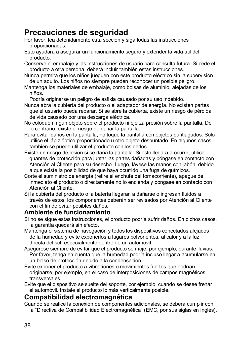 Precauciones de seguridad, Compatibilidad electromagnética, Ambiente de funcionamiento | JVC KV-PX501 User Manual | Page 88 / 219