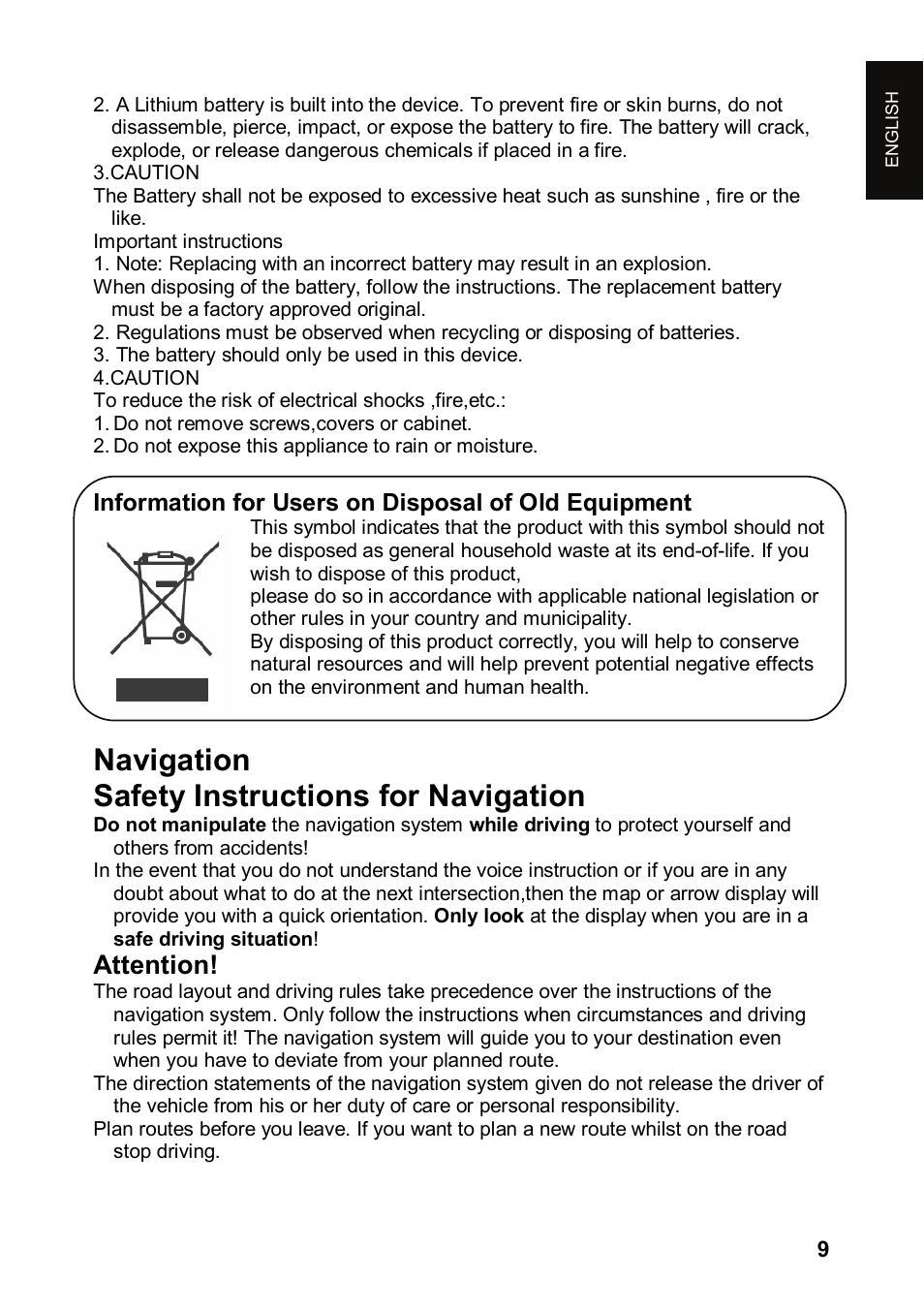 Navigation safety instructions for navigation, Attention, Information for users on disposal of old equipment | JVC KV-PX501 User Manual | Page 9 / 219
