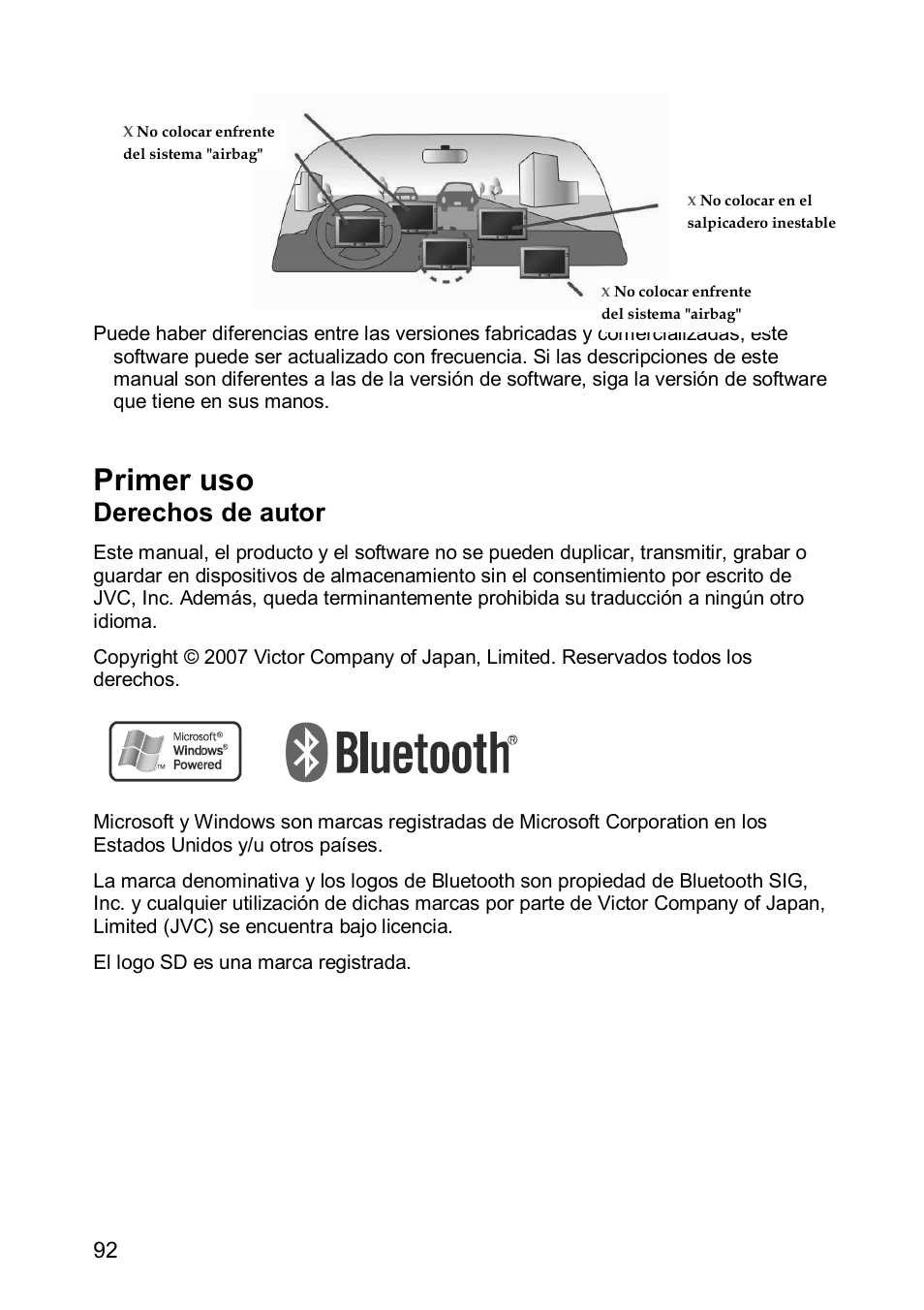 Primer uso, Derechos de autor | JVC KV-PX501 User Manual | Page 92 / 219