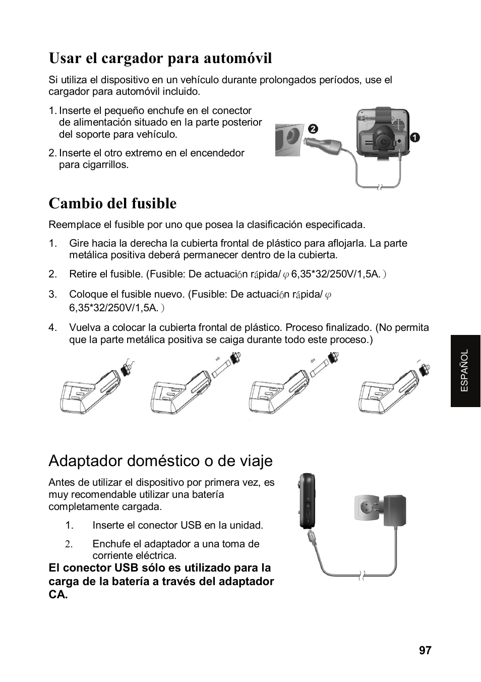 Usar el cargador para automóvil, Cambio del fusible, Adaptador doméstico o de viaje | JVC KV-PX501 User Manual | Page 97 / 219