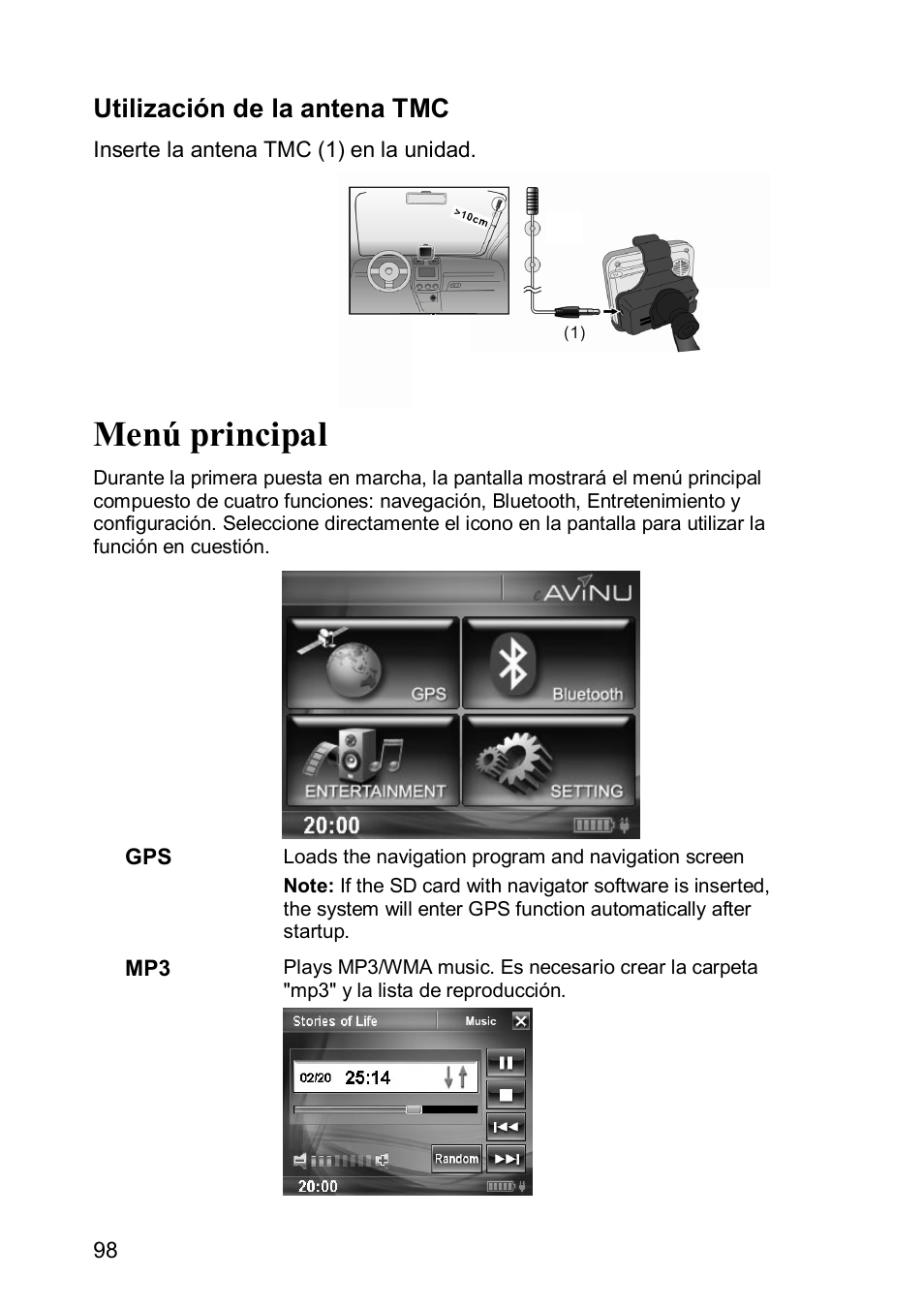 Menú principal, Utilización de la antena tmc | JVC KV-PX501 User Manual | Page 98 / 219