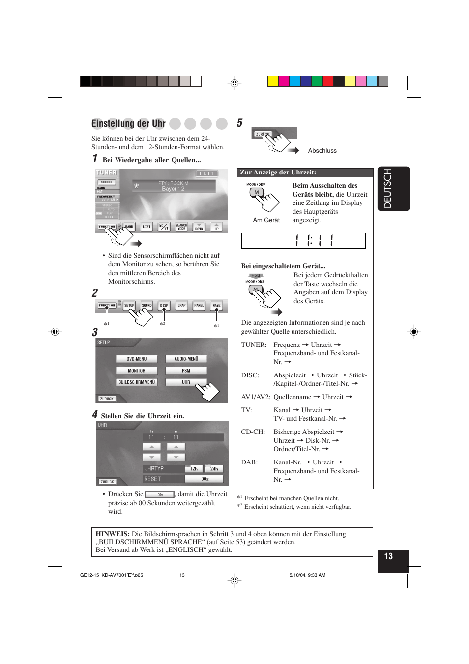 Deutsch, Einstellung der uhr | JVC KD-AV7001 User Manual | Page 103 / 363