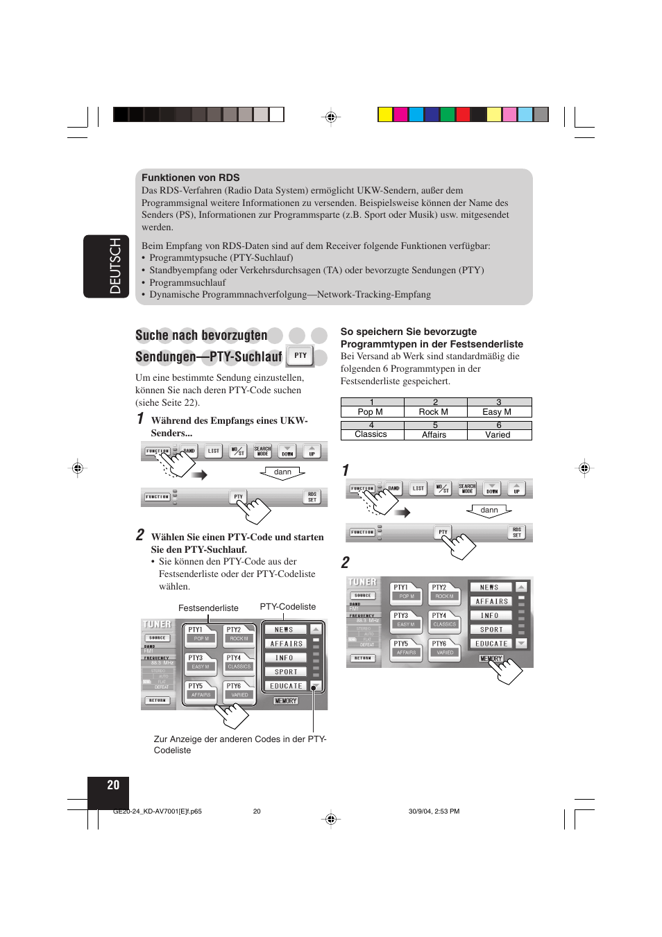 Deutsch, Suche nach bevorzugten, Sendungen—pty-suchlauf | JVC KD-AV7001 User Manual | Page 110 / 363