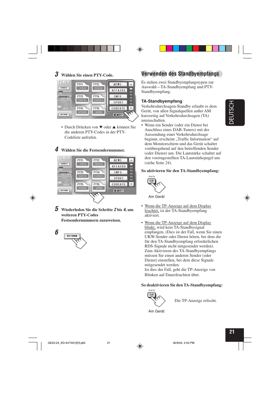 Deutsch, Verwenden des standbyempfangs | JVC KD-AV7001 User Manual | Page 111 / 363