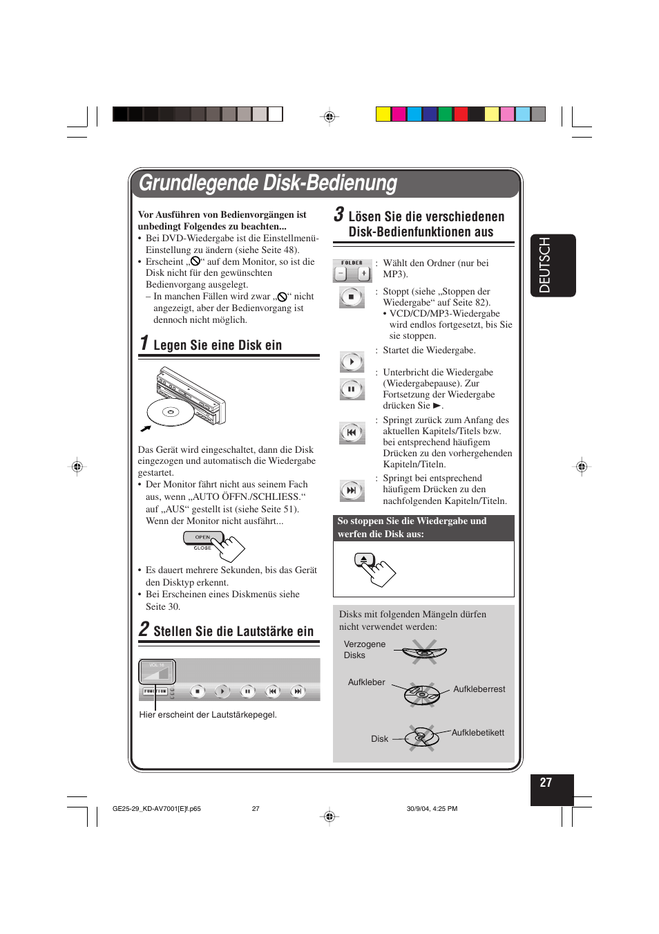 Grundlegende disk-bedienung, Deutsch, Legen sie eine disk ein | Stellen sie die lautstärke ein | JVC KD-AV7001 User Manual | Page 117 / 363