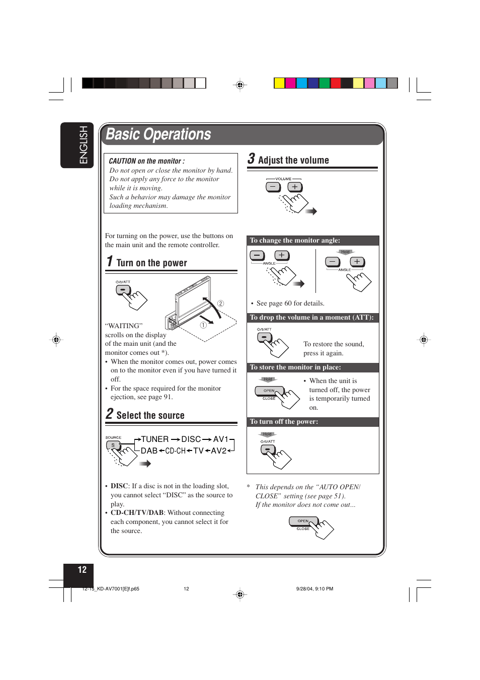 Basic operations, English, Turn on the power | Select the source, Adjust the volume | JVC KD-AV7001 User Manual | Page 12 / 363