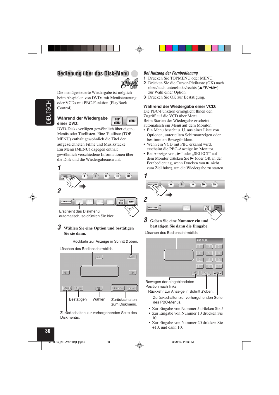 Deutsch, Bedienung über das disk-menü | JVC KD-AV7001 User Manual | Page 120 / 363