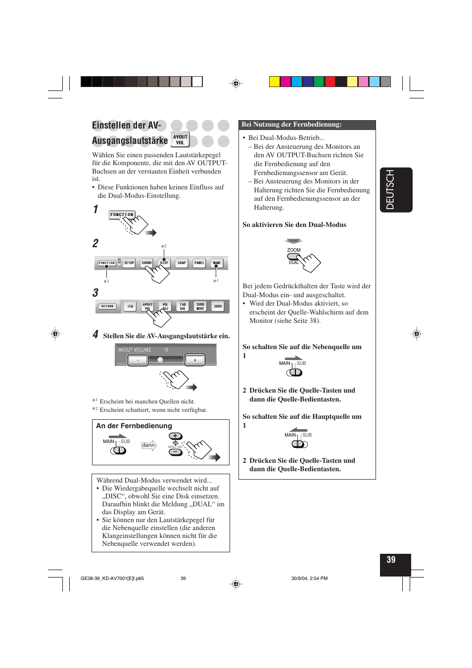 Deutsch, Einstellen der av, Ausgangslautstärke | JVC KD-AV7001 User Manual | Page 129 / 363