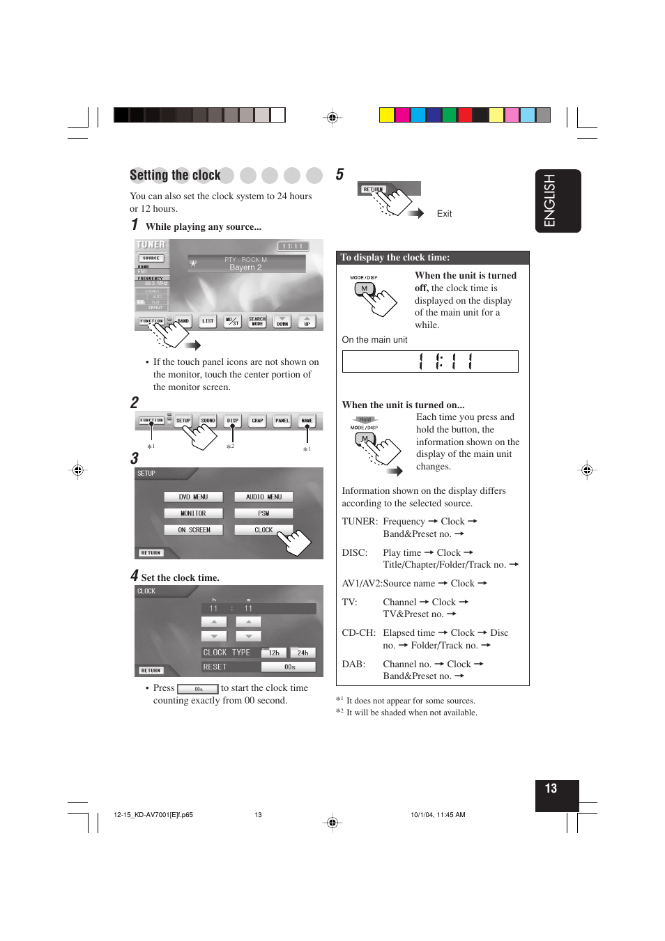 English, Setting the clock | JVC KD-AV7001 User Manual | Page 13 / 363