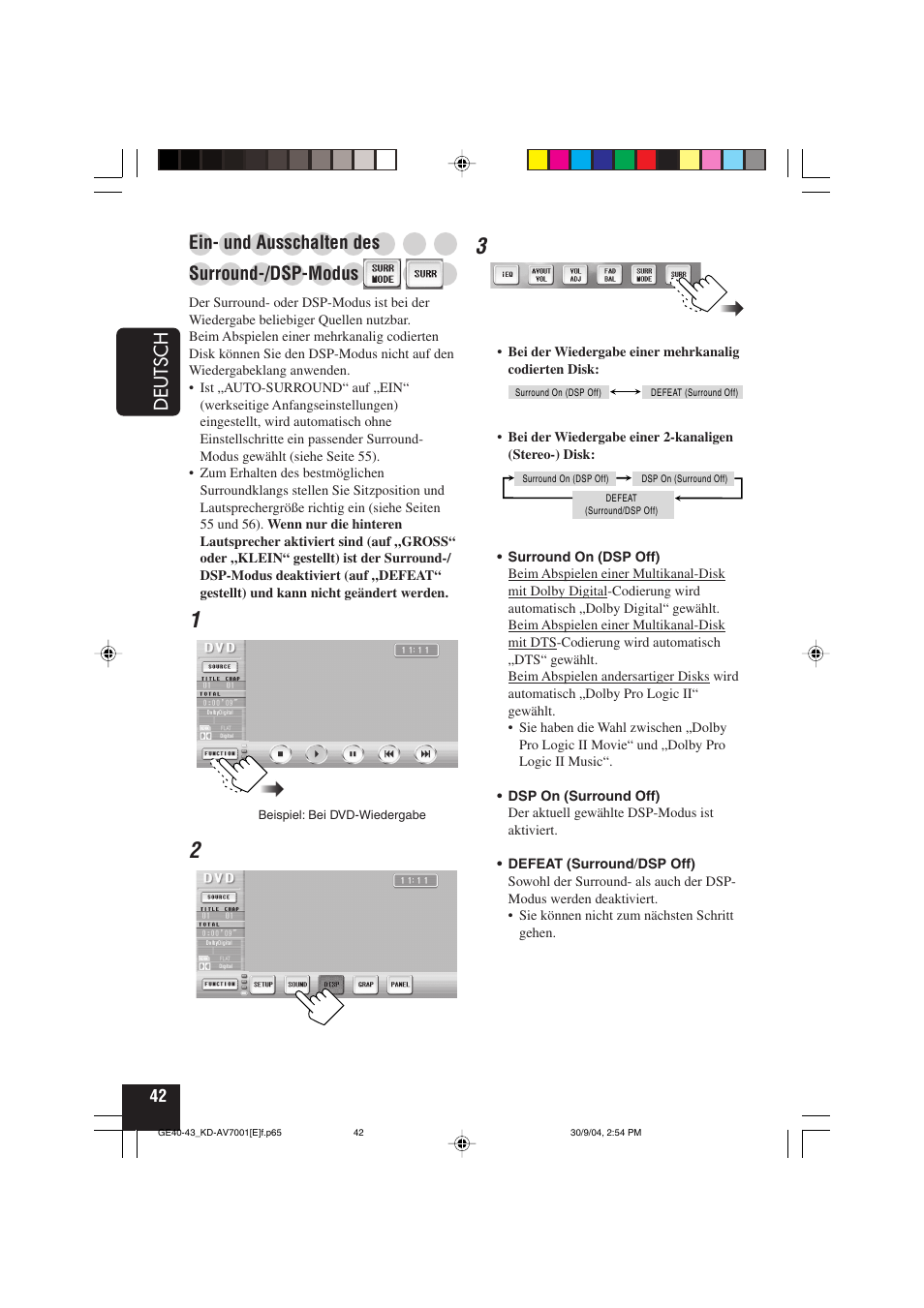 Deutsch, Ein- und ausschalten des, Surround-/dsp-modus | JVC KD-AV7001 User Manual | Page 132 / 363