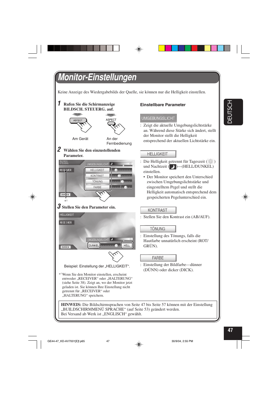 Monitor-einstellungen, Deutsch | JVC KD-AV7001 User Manual | Page 137 / 363