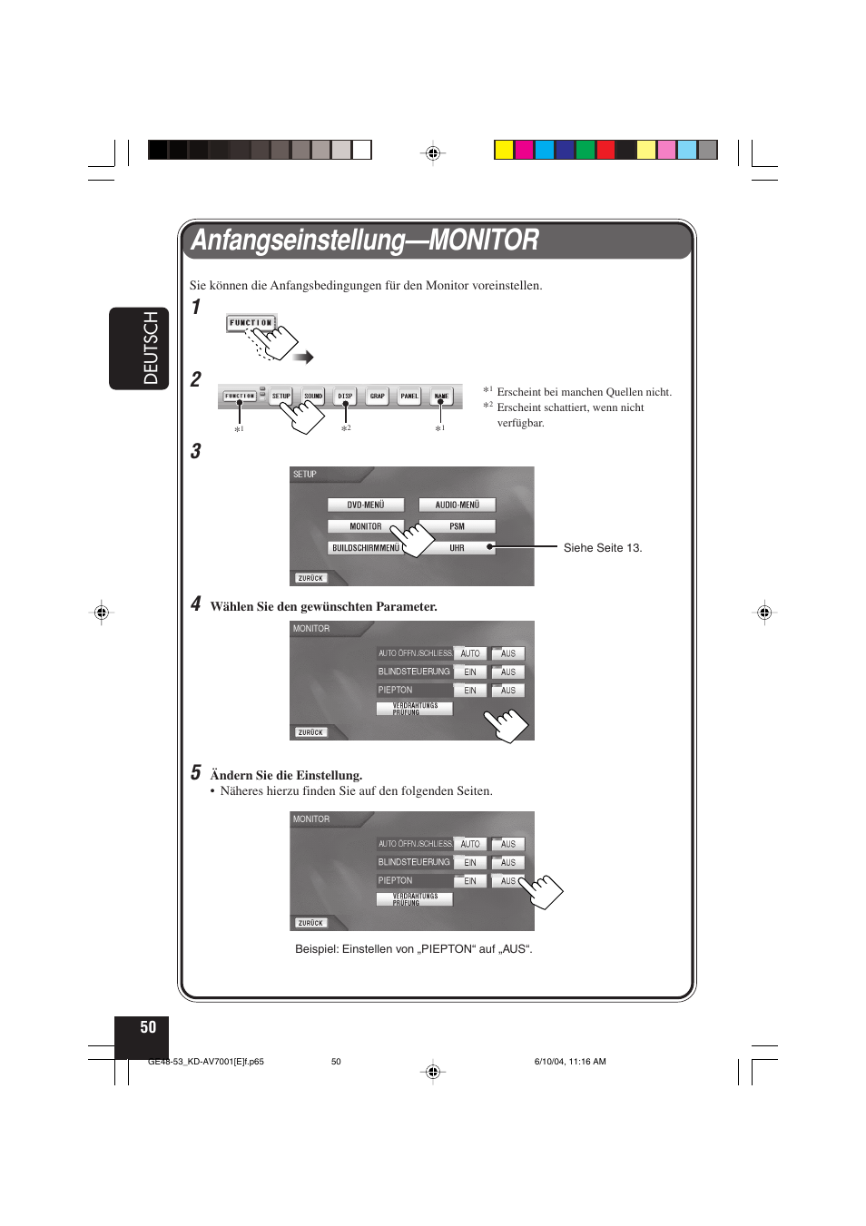 Anfangseinstellung—monitor, Deutsch | JVC KD-AV7001 User Manual | Page 140 / 363