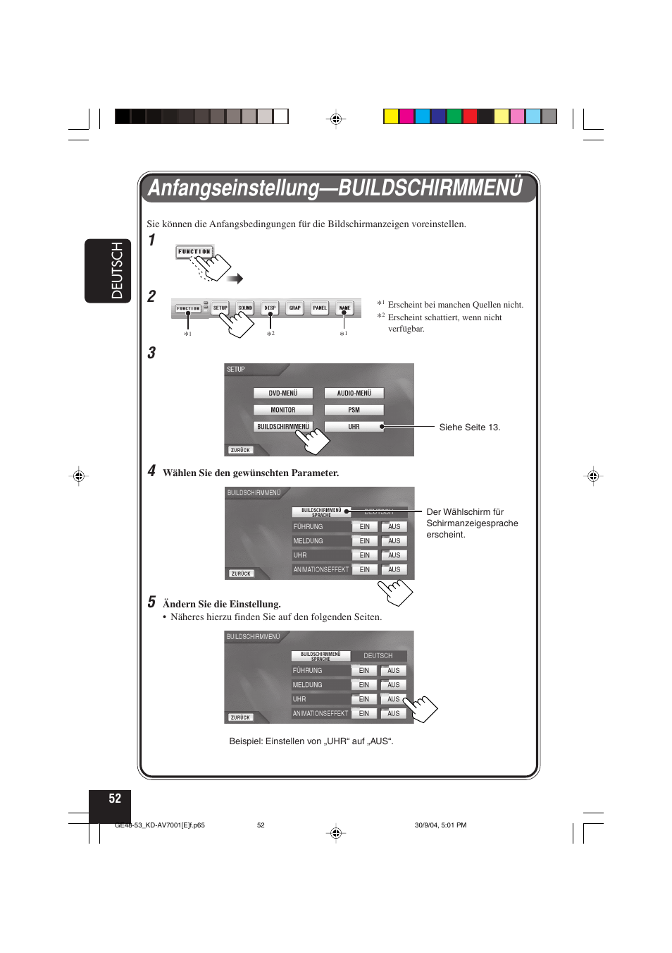 Anfangseinstellung—buildschirmmenü, Deutsch | JVC KD-AV7001 User Manual | Page 142 / 363