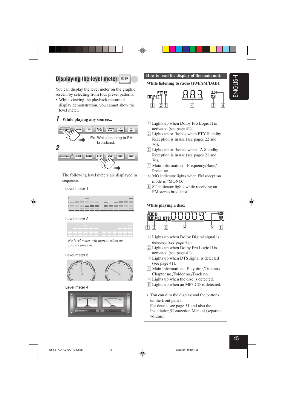 English, Displaying the level meter | JVC KD-AV7001 User Manual | Page 15 / 363