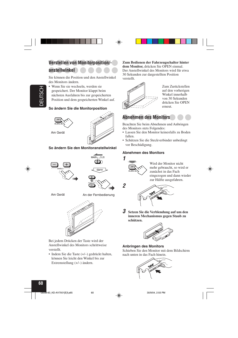 Deutsch, Verstellen von monitorposition, Anstellwinkel | Abnehmen des monitors | JVC KD-AV7001 User Manual | Page 150 / 363