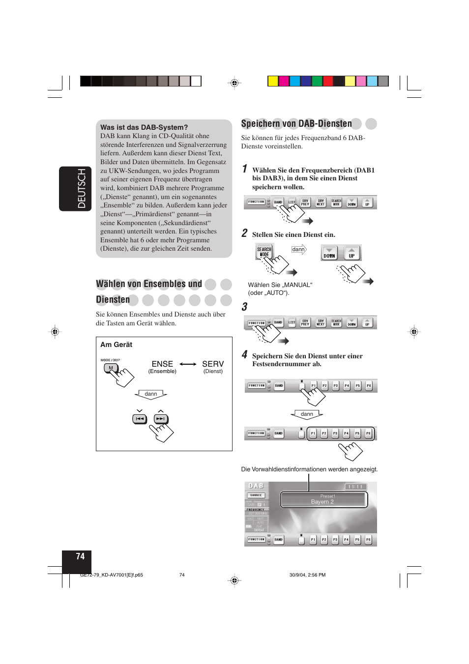 Deutsch, Speichern von dab-diensten, Wählen von ensembles und | Diensten | JVC KD-AV7001 User Manual | Page 164 / 363