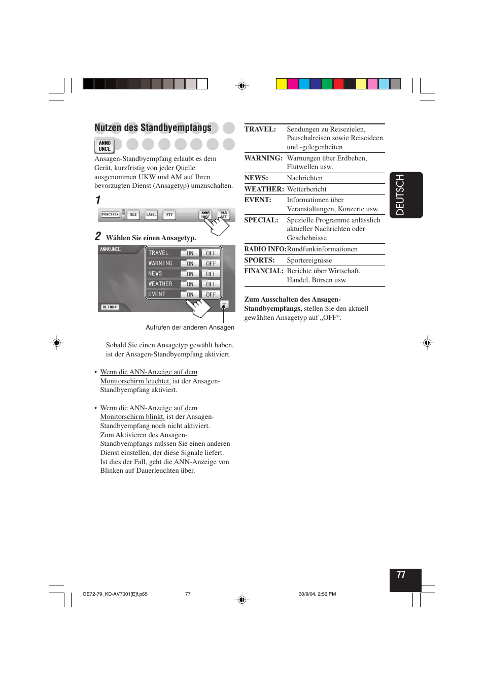 Deutsch, Nutzen des standbyempfangs | JVC KD-AV7001 User Manual | Page 167 / 363