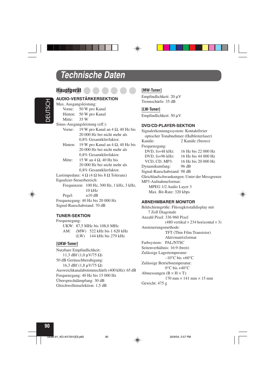 Technische daten, Deutsch, Hauptgerät | JVC KD-AV7001 User Manual | Page 180 / 363