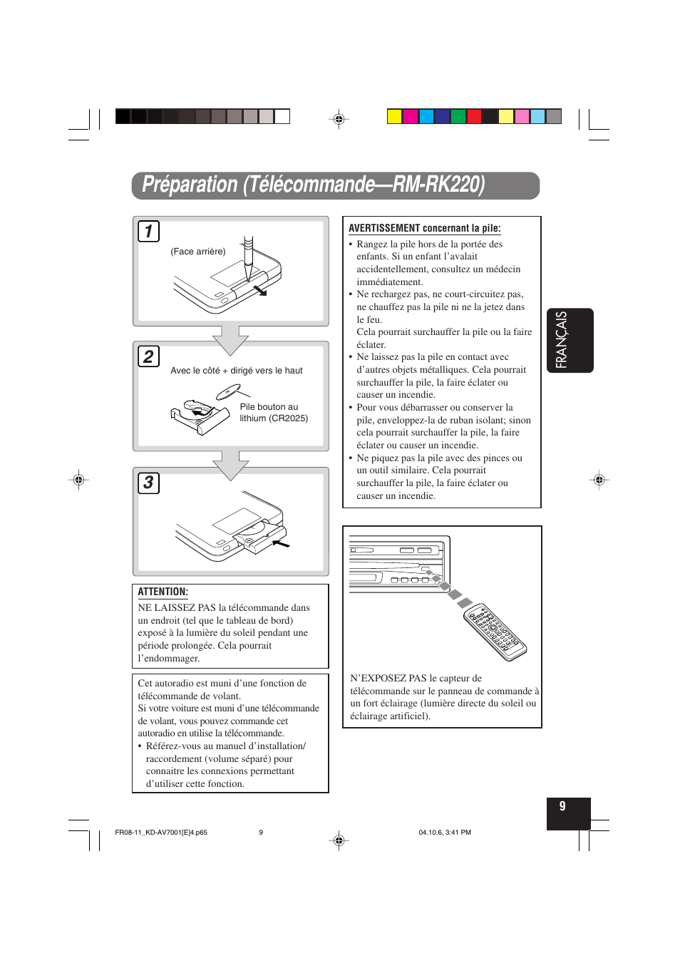 Préparation (télécommande—rm-rk220), Français | JVC KD-AV7001 User Manual | Page 189 / 363