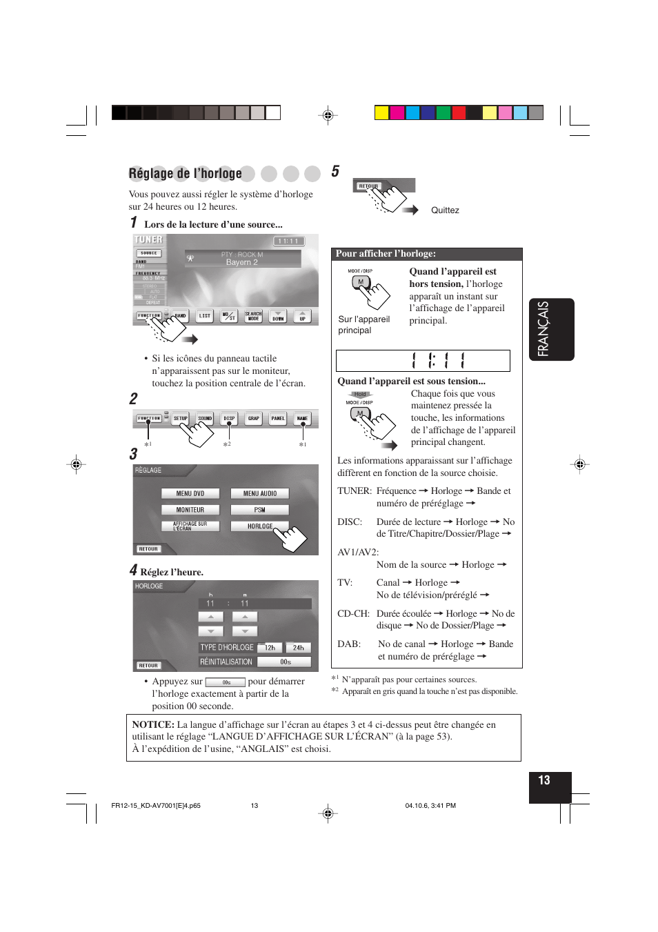 Français, Réglage de l’horloge | JVC KD-AV7001 User Manual | Page 193 / 363