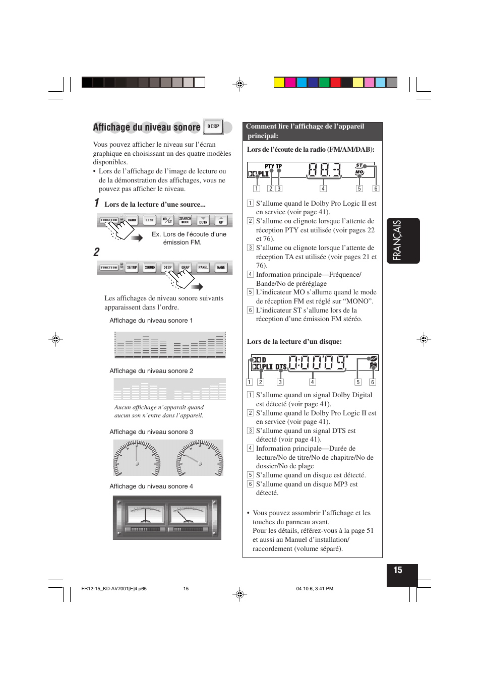 Français, Affichage du niveau sonore | JVC KD-AV7001 User Manual | Page 195 / 363