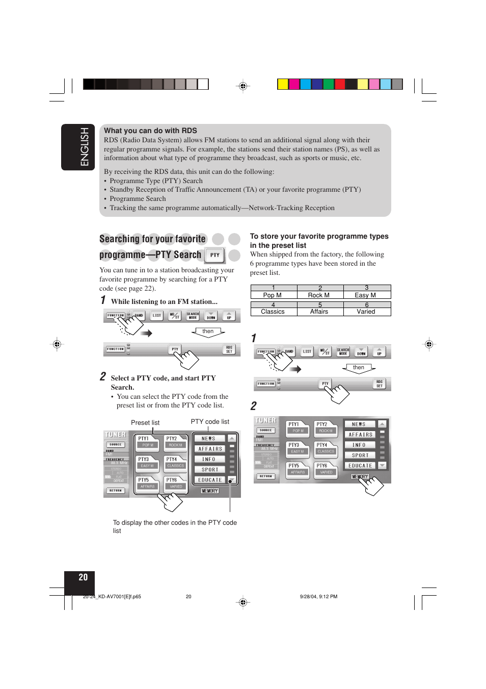 English, Searching for your favorite, Programme—pty search | JVC KD-AV7001 User Manual | Page 20 / 363