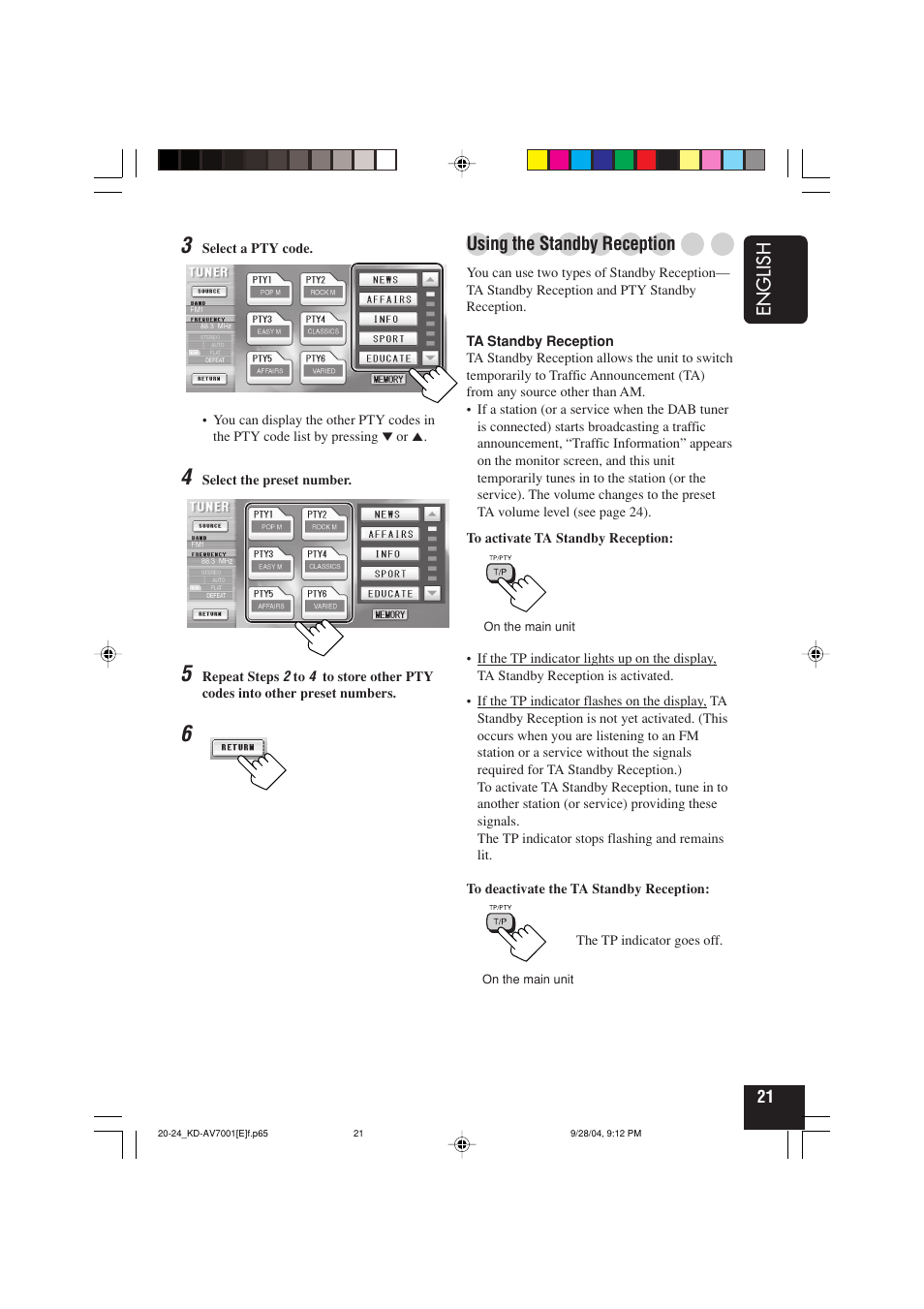 English, Using the standby reception | JVC KD-AV7001 User Manual | Page 21 / 363