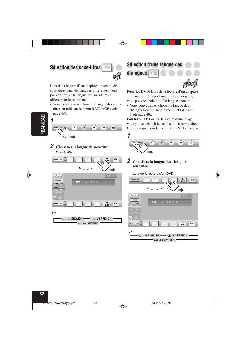 Français, Sélection d’une langue des, Dialogues | Sélection des sous-titres | JVC KD-AV7001 User Manual | Page 212 / 363