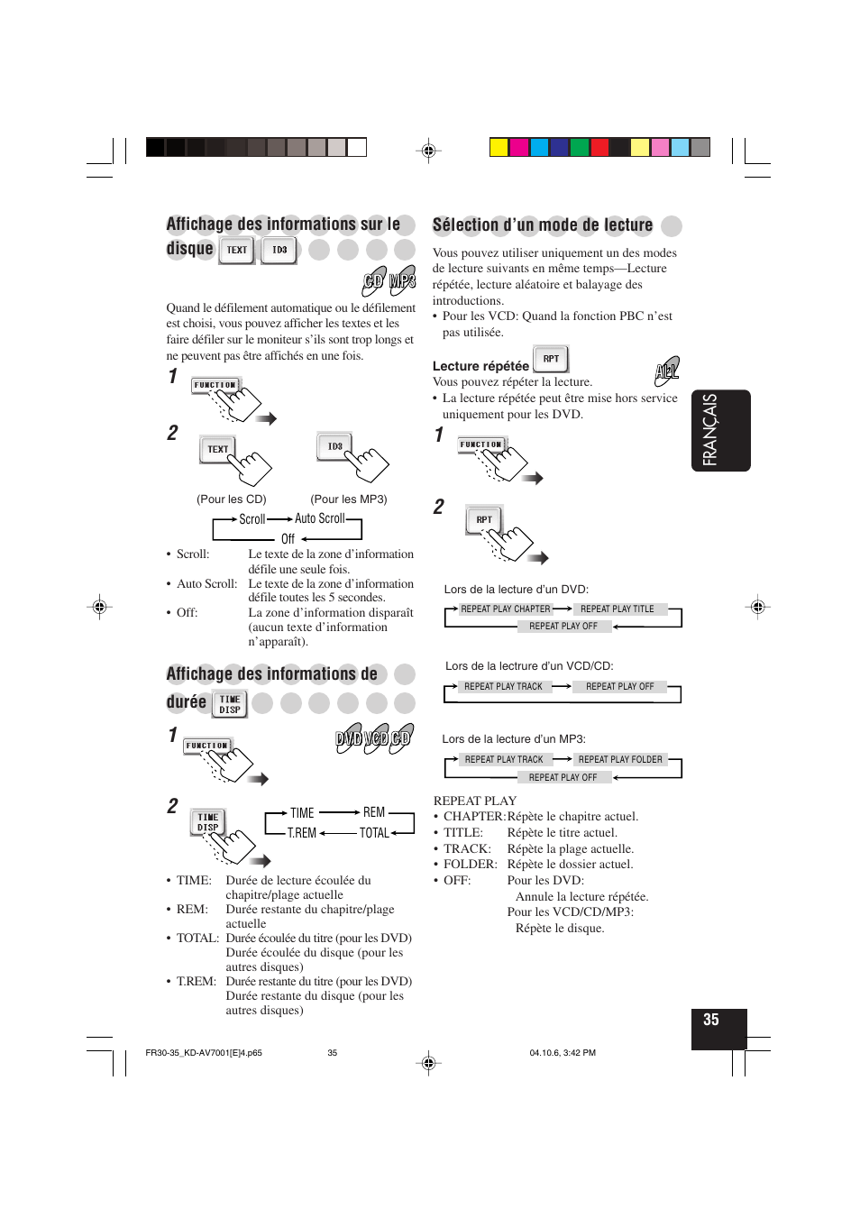 Français, Affichage des informations sur le, Disque | Affichage des informations de, Durée, Sélection d’un mode de lecture | JVC KD-AV7001 User Manual | Page 215 / 363