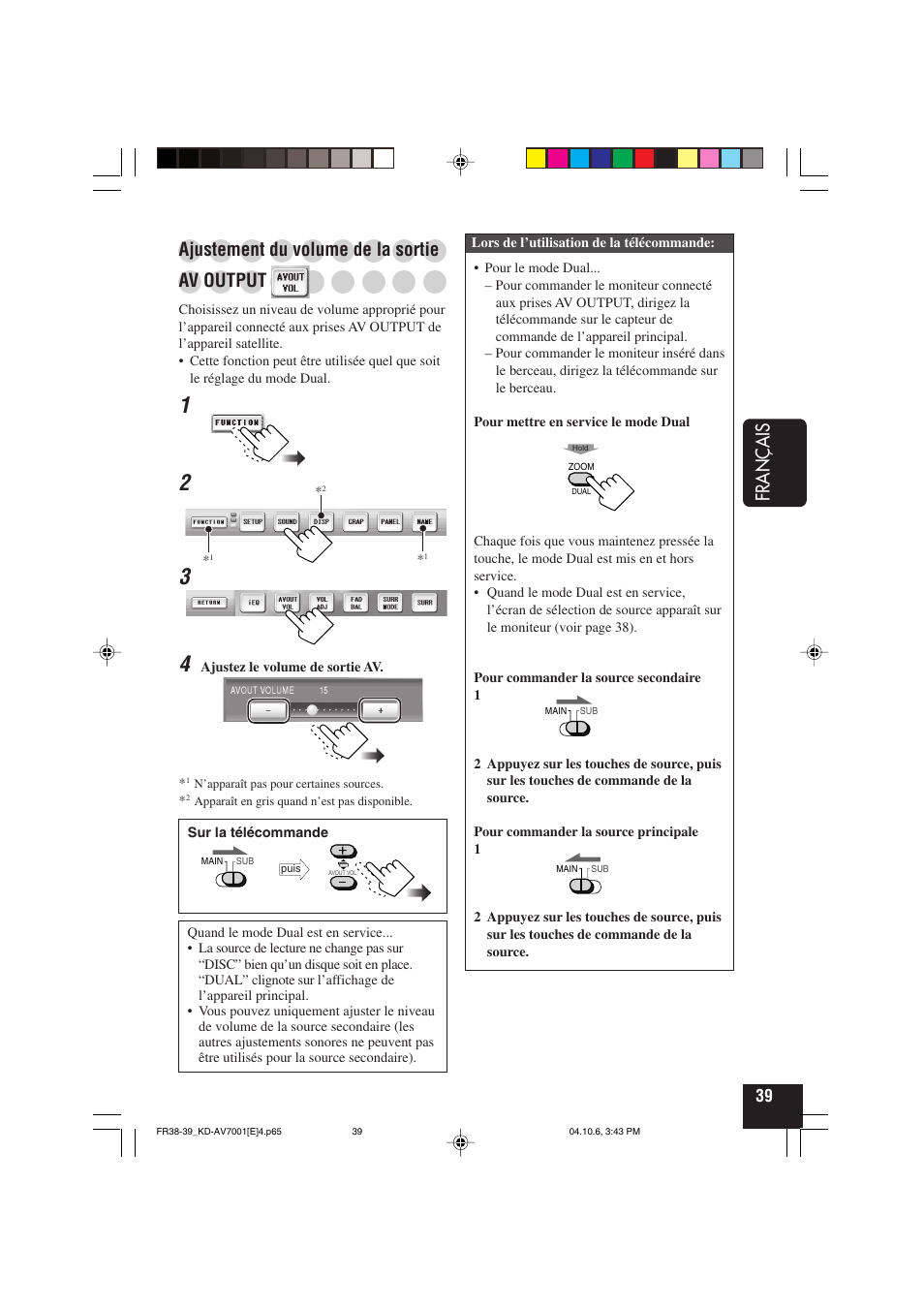 Français, Ajustement du volume de la sortie, Av output | JVC KD-AV7001 User Manual | Page 219 / 363